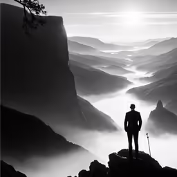 a man is on a mountain top overlooking the valley and fog