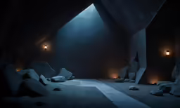 a dimly lit tunnel with rock and pebbles in it