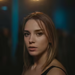 a girl wearing black posing in front of lights
