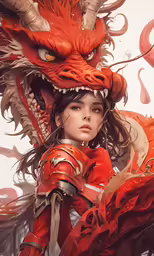 a girl with a dragon mask is wearing an orange and red costume