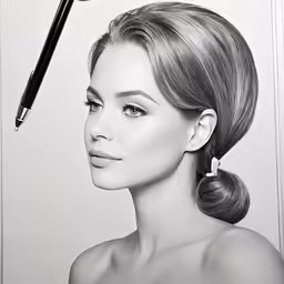 a woman with her hair styled in a bun and looking away