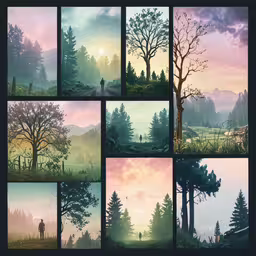 multiple photo effects showing various trees and a person in the distance,the four views are of a tree and some man in a distance