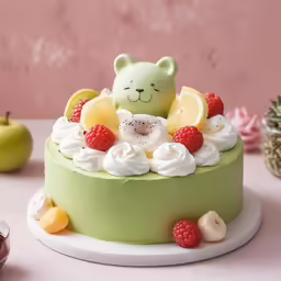 a cake with fruit on top and a bear head
