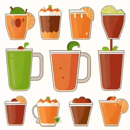 a set of different kinds of iced beverages,a series of various cups of different colored beverages,a set of beverages in different mugs,there are many types of cold beverages in the cup,a bunch of glasses of different drinks with orange slices