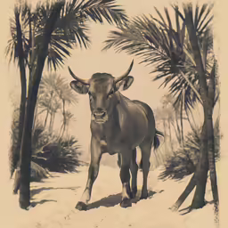 a cow is standing next to a couple of trees