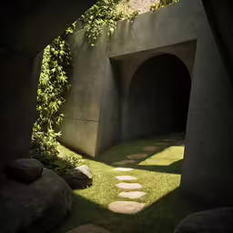 an outdoor room with stepping paths leading up into a tunnel
