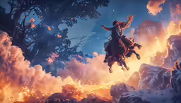 a horse rider riding through a field of smoke