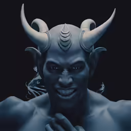 a man in a costume and horned horns with a fake smile