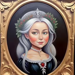 a painting of a young girl wearing a tiara,an art work of a young girl in a dress and wreath