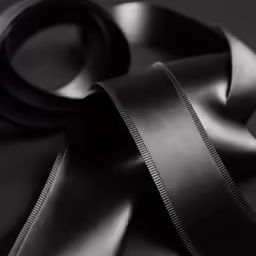 a pair of black satin ribbon laying on a table
