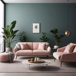 a pink living room with plants and decor