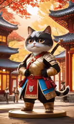 a toy cat in a costume standing on a platform