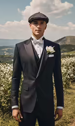 a man standing outside wearing a suit with a flower