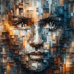 the face is composed of various blocks of wood