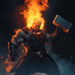 the video game god with fiery smoke and an axe