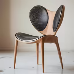 a wooden chair with black leather accents