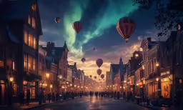 a street filled with lots of lit up balloons flying over it