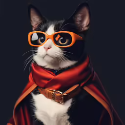 a black and white cat wearing glasses with a red scarf