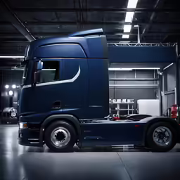 a blue semi truck parked in a large garage