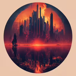 a large round artwork piece that appears to be floating in the air,a futuristic city scene with red lights in the background