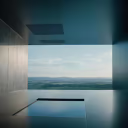 a large pool is near an opening in a building