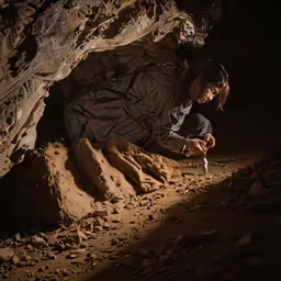 a person sits in a dark cave with something on the ground
