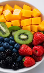 a bowl filled with cut fruit including berries and kiwi
