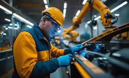 a worker in an industrial setting works on some equipment