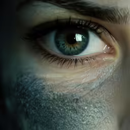 a man with grey hair looking at an orange and black eye