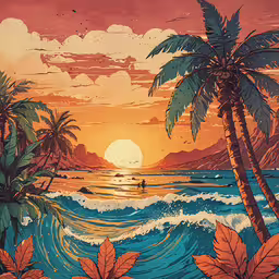 an illustration of a tropical sunset with palms,an artist