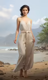 a woman wearing beige clothing on the beach