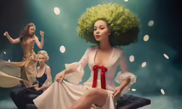 a woman in white dress with afro hair and four other women in gold dresses
