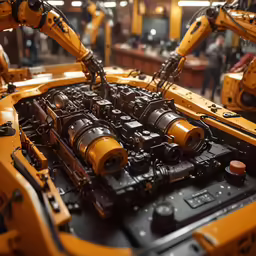 a group of yellow robots are working on a piece of equipment