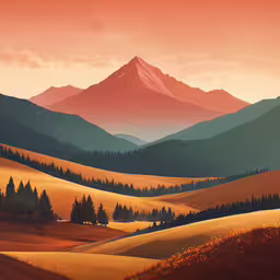 a painting depicting mountains in the distance,an image of a sunset in the mountains