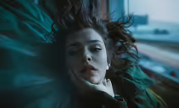 a young woman lying in bed with her hand under the chin of her arm