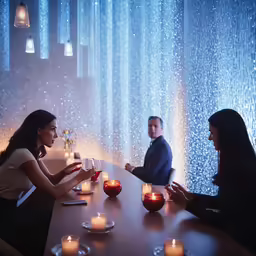 three people sitting at a table surrounded by candles