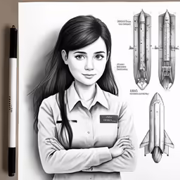 a girl with her arms crossed standing next to a drawing of a jet