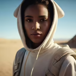 a young woman is staring and standing in a desert