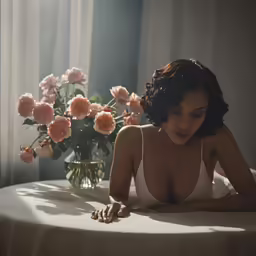 a woman is sitting in front of a vase of flowers