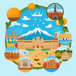 a colorful illustration of europe with all the things in the shape of a circle,a colorful circle with an illustration of buildings, mountains and a sea
