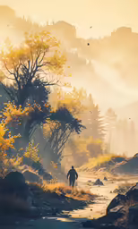 there is a person walking down the road on a foggy day