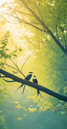 two small black and white birds sitting on a branch