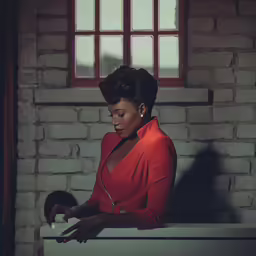 the woman is leaning over a counter near some windows