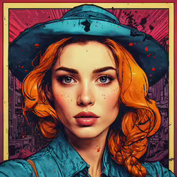 an artwork of a redhead girl with blue hat on,a painting of a redheaded girl with a witches hat on