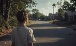 a woman standing in the middle of a street