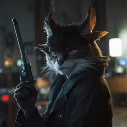 a cat dressed up in a jacket holds a gun
