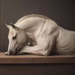 a white horse sitting on top of a table