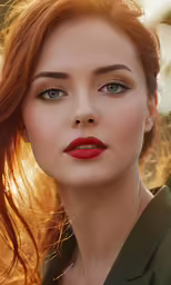 a young woman with bright red hair wearing lipstick