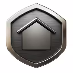 a house on a shield shape with metal trim