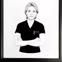 a drawing of a woman wearing a black polo shirt and with arms crossed